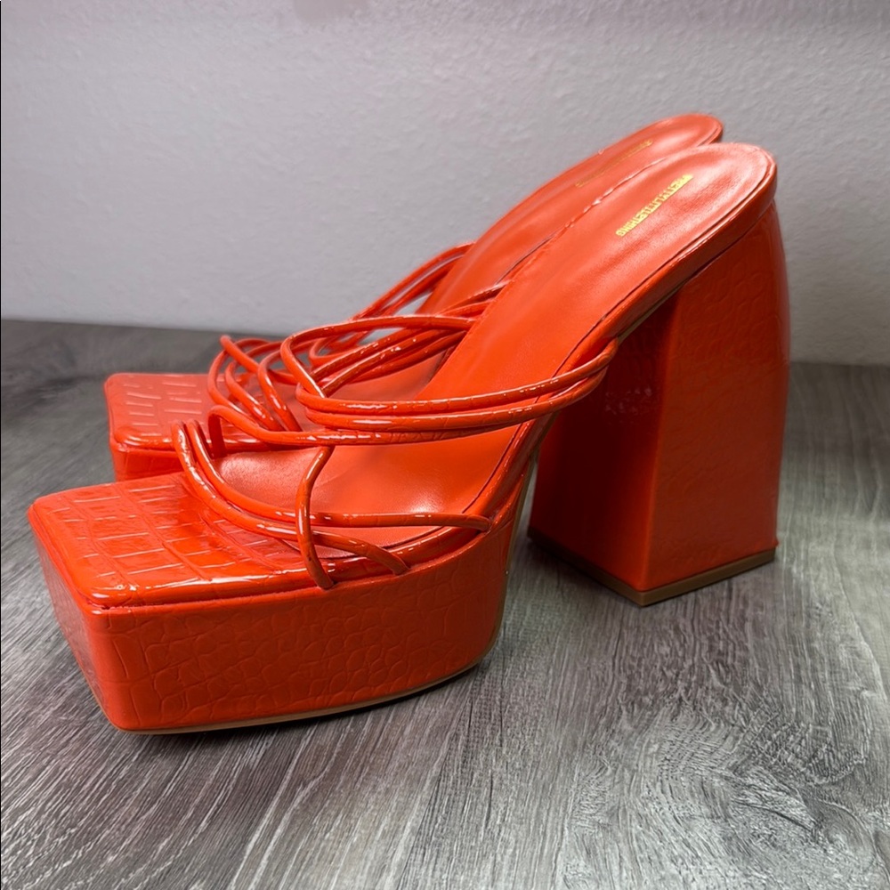 PrettyLittleThing Orange Platform Block Heel Sandals